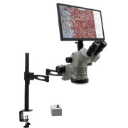 Stereo Zoom Microscope SPZV-50 [6.7x–50x] with Mighty Cam Eidos 4K XL Camera/Monitor on Compact Articulating Arm Stand
