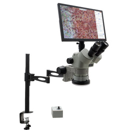 Stereo Zoom Microscope SPZV-50 [6.7x–50x] with Mighty Cam Eidos 4K XL Camera/Monitor on Compact Articulating Arm Stand