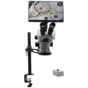 Stereo Zoom Microscope SPZV-50 [6.7x–50x] with Mighty Cam Eidos 4K XL Camera/Monitor on Compact Articulating Arm Stand