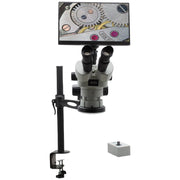 Stereo Zoom Microscope SPZV-50 [6.7x–50x] with Mighty Cam Eidos 4K Camera/Monitor on Compact Articulating Arm Stand