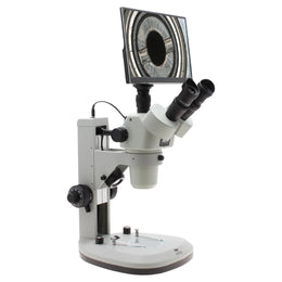 Stereo Zoom Microscope SPZV-50 [6.7x–50x] with Mighty Cam Eidos 4K Camera/Monitor on Track Stand with Top & Bottom LEDs