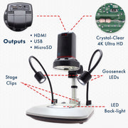 Digital Microscope Cyclops 4K Ultra HD [13x-140x] with Post Stand w/ Gooseneck LEDs and LED Back Light, with HD Monitor