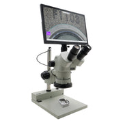 Stereo Zoom Trinocular Microscope SPZV-50 [6.7x–50x] with Mighty Cam Eidos 4K XL Camera/Monitor on Post Stand