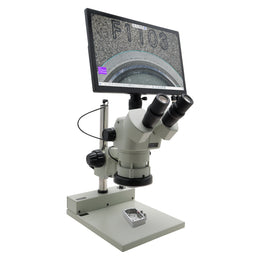Stereo Zoom Trinocular Microscope SPZV-50 [6.7x–50x] with Mighty Cam Eidos 4K XL Camera/Monitor on Post Stand