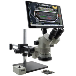 Stereo Zoom Microscope SPZV-50 [6.7x–50x] with Mighty Cam Eidos 4K XL Camera/Monitor on Double Arm Boom Stand