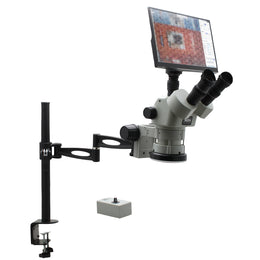 Stereo Zoom Microscope SPZV-50 [6.7x–50x] with Mighty Cam Eidos 4K Camera/Monitor on Compact Articulating Arm Stand