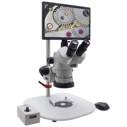 Stereo Zoom Microscope SPZV-50 [6.7x - 50x] With Mighty Cam Eidos 4K on Ergo Post Stand