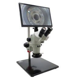 Stereo Zoom Microscope SPZV-50 [6.75x–143x] with Mighty Cam Eidos 4K XL Camera/Monitor on Post Stand with Polarized LED Ring Light