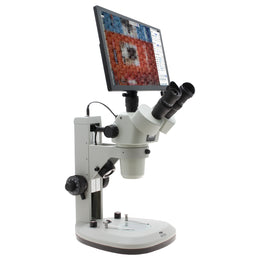 Stereo Zoom Microscope SPZV-50 [6.7x–50x] with Mighty Cam Eidos 4K XL Camera/Monitor on Track Stand with Top & Bottom LEDs