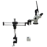Stereo Zoom Microscope SPZV-50 [6.7x–50x] with Mighty Cam Eidos 4K XL Camera/Monitor on Double Arm Boom Stand with Table Clamp