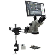 Stereo Zoom Microscope SPZV-50 [6.7x–50x] with Mighty Cam Eidos 4K XL Camera/Monitor on Double Arm Boom Stand with Table Clamp