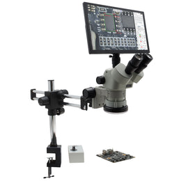 Stereo Zoom Microscope SPZV-50 [6.7x–50x] with Mighty Cam Eidos 4K XL Camera/Monitor on Double Arm Boom Stand with Table Clamp