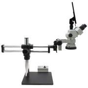 Stereo Zoom Microscope SPZV-50 [6.7x–50x] with Mighty Cam Eidos 4K XL Camera/Monitor on Double Arm Boom Stand