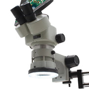 Stereo Zoom Microscope SPZV-50 [6.7x–50x] with Mighty Cam Eidos 4K XL Camera/Monitor on Double Arm Boom Stand