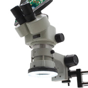 Stereo Zoom Microscope SPZV-50 [6.7x–50x] with Mighty Cam Eidos 4K Camera/Monitor on Double Arm Boom Stand