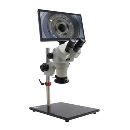 Stereo Zoom Microscope SPZV-50 [6.75x–143x] with Mighty Cam Eidos 4K Camera/Monitor on Post Stand with Polarized LED Ring Light