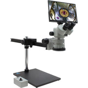 Stereo Zoom Microscope SPZV-50 [6.7x–50x] with Mighty Cam Eidos 4K Camera/Monitor on Ultra Glide Stand