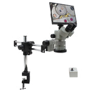 Stereo Zoom Microscope SPZV-50 [6.7x–50x] with Mighty Cam Eidos 4K Camera/Monitor on Double Arm Boom Stand with Table Clamp