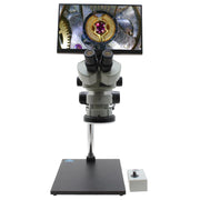 Stereo Zoom Microscope SPZV-50 [6.7x–50x] with Mighty Cam Eidos 4K Camera/Monitor on Ultra Glide Stand