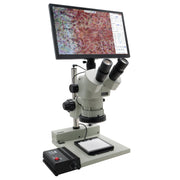 Stereo Zoom Trinocular Microscope SPZV-50 [6.75x–50x] with Mighty Cam Eidos 4K XL Camera/Monitor on Post Stand with LED Backlight