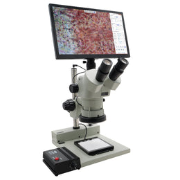 Stereo Zoom Trinocular Microscope SPZV-50 [6.75x–50x] with Mighty Cam Eidos 4K XL Camera/Monitor on Post Stand with LED Backlight
