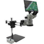 Stereo Zoom Microscope SPZV-50 [6.7x–50x] with Mighty Cam Eidos 4K Camera/Monitor on Double Arm Boom Stand