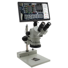 Stereo Zoom Trinocular Microscope SPZV-50 [6.7x–50x] with Mighty Cam Eidos 4K Camera/Monitor on Post Stand