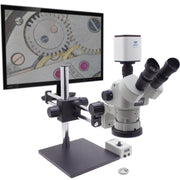 Stereo Zoom Trinocular Microscope SPZV-50 [6.7x - 50x] with Mighty Cam Pro Auto Focus on Double Arm Boom Stand