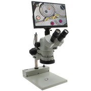Stereo Zoom Trinocular Microscope SPZV-50 [6.75x-50x] on Post Stand with Integrated Monitor/Camera & LED Light