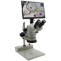 Stereo Zoom Trinocular Microscope SPZV-50 [6.75x-50x] on Post Stand with Integrated Monitor/Camera & LED Light