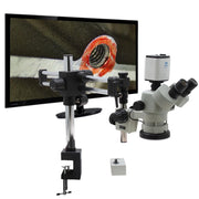 Stereo Zoom Microscope SPZV-50 [6.7x-50x] with Mighty Cam Pro Auto Focus Auto Focus Camera on DABS Stand with Table Clamp, LED Focus Mount, and Tiltable Arbor