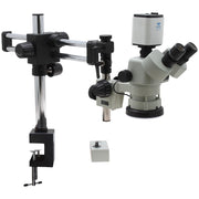 Stereo Zoom Microscope SPZV-50 [6.7x-50x] with Mighty Cam Pro Auto Focus Auto Focus Camera on DABS Stand with Table Clamp, LED Focus Mount, and Tiltable Arbor