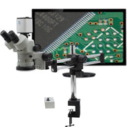 Stereo Zoom Trinocular Microscope SPZV-50 [6.7x - 50x] with with Mighty Cam Pro Auto Focus Auto Focus Camera, DABS Table Clamp Stand, LED Focus Mount, and HD Monitor