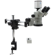 Stereo Zoom Trinocular Microscope SPZV-50 [6.7x - 50x] with with Mighty Cam Pro Auto Focus Auto Focus Camera, DABS Table Clamp Stand, LED Focus Mount, and HD Monitor