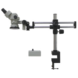 SPZ-50 Stereo Zoom Microscope [6.7x - 50x] on Dual Arm Boom Stand with Integrated Ring Light