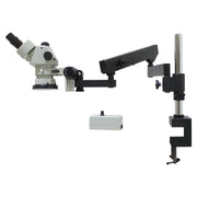 SPZV-50 Stereo Zoom Microscope [6.7x - 50x] on Articulating Arm Stand with Integrated Ring Light